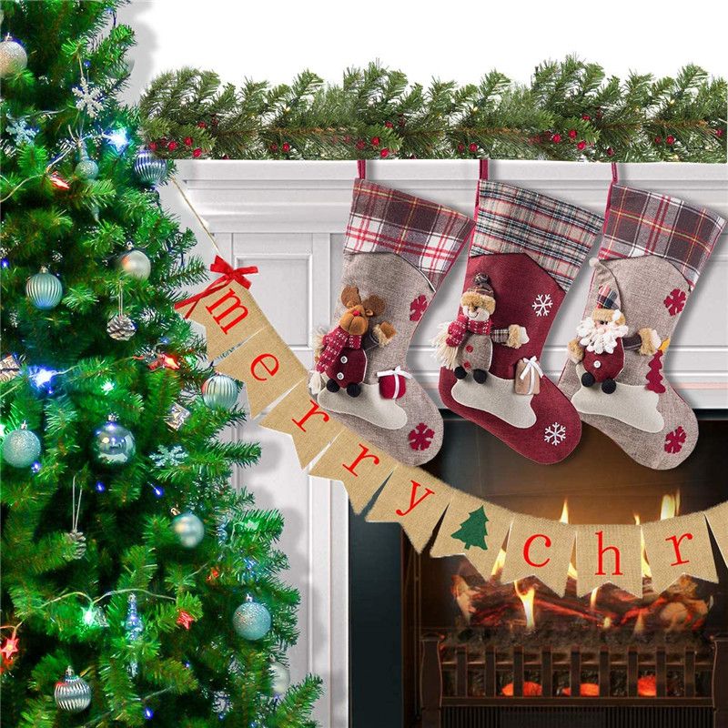 Large Hanging Christmas Stockings Buffalo Plaid Santa Snowman Reindeer Sock Gift Bag Candy Pouch Bag for Fireplace Xmas Tree Decor Color-A big image 4