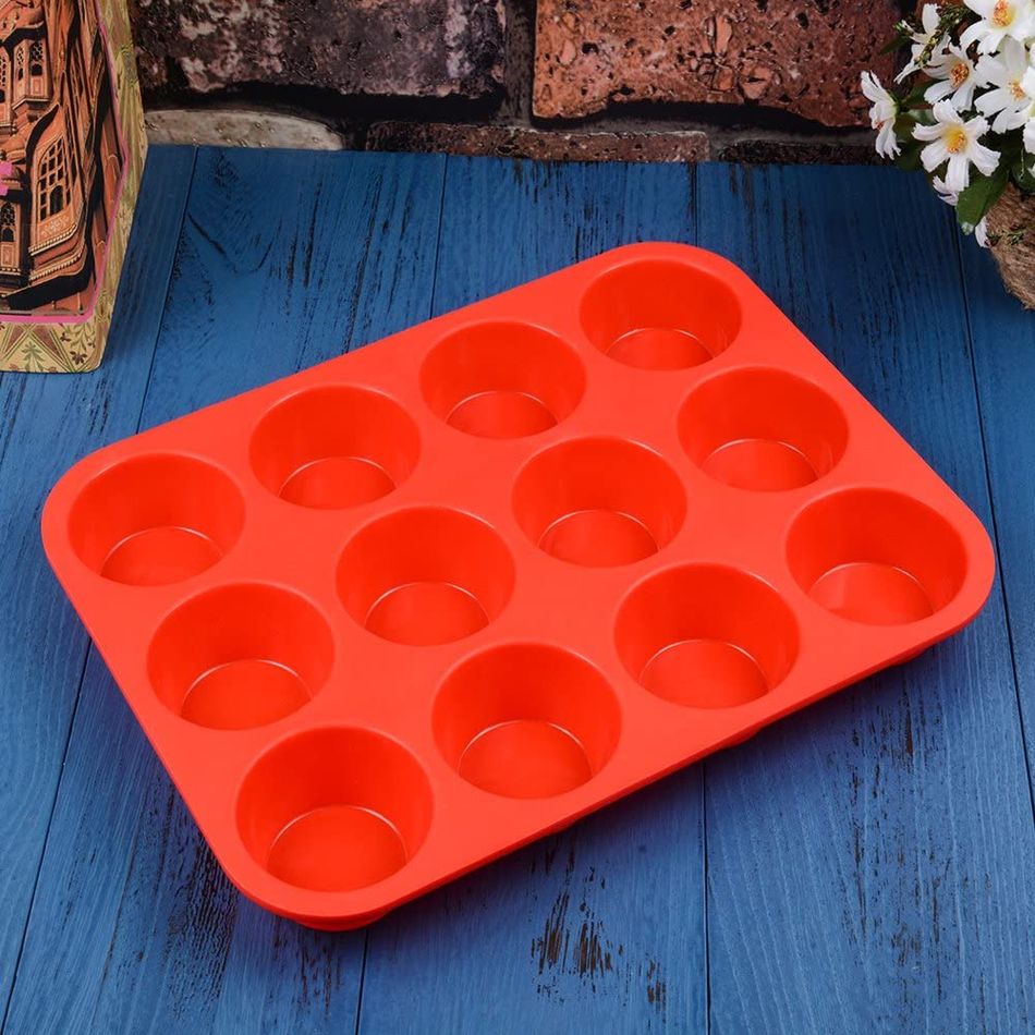 12 Cups Silicone Muffin Pan Non-stick Cupcake Pan Silicone Mold Kitchen Baking Accessories Red big image 2
