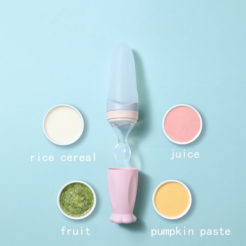 Silicone Squeeze Feeding Spoon Baby Food Dispensing Spoon with Dust Cover for Rice Cereal Fruit Juice Pumpkin Paste Pink big image 4