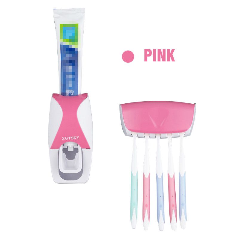 Dispensador de pasta de dente 2 peças e suporte para escova de dentes kit espremedor de pasta de dente automático montado na parede Rosa