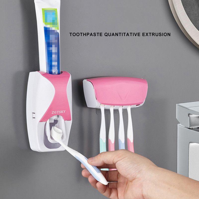 2Pcs Toothpaste Dispenser & Toothbrush Holder Wall Mounted Automatic Toothpaste Squeezer Kit Pink big image 2