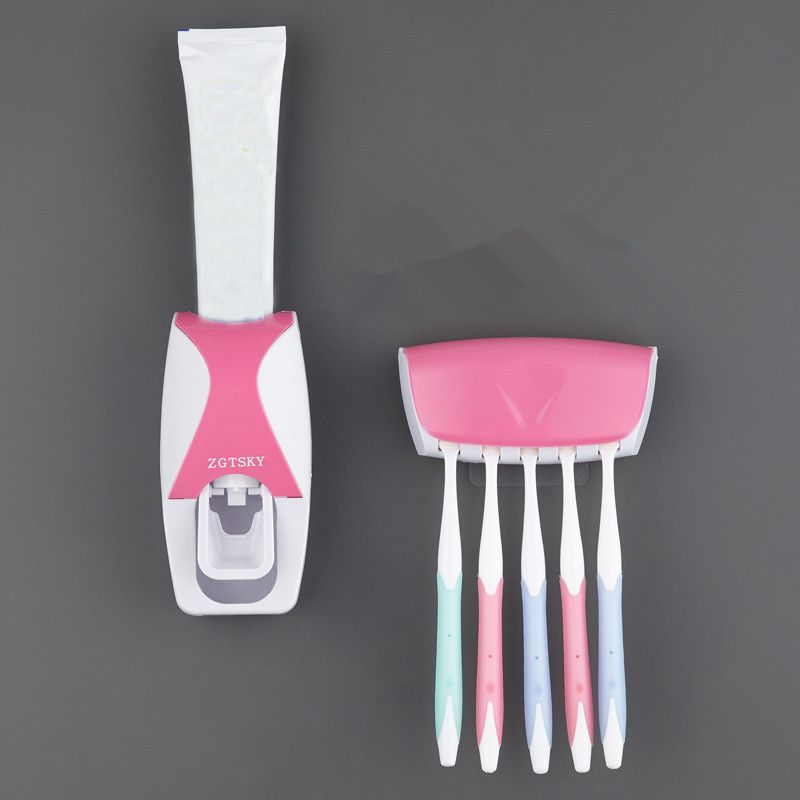 Dispensador de pasta de dente 2 peças e suporte para escova de dentes kit espremedor de pasta de dente automático montado na parede Rosa big image 3