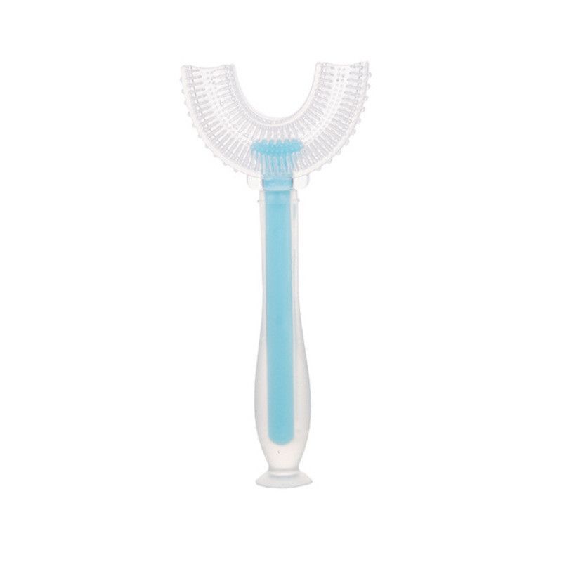 Kids 360° U Shaped Toothbrush Silicone Brush Head Whole Mouth Toothbrush with Handle Blue big image 1