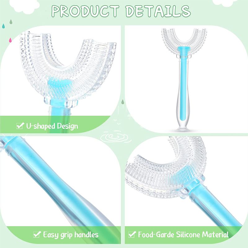 Kids 360° U Shaped Toothbrush Silicone Brush Head Whole Mouth Toothbrush with Handle Blue big image 3
