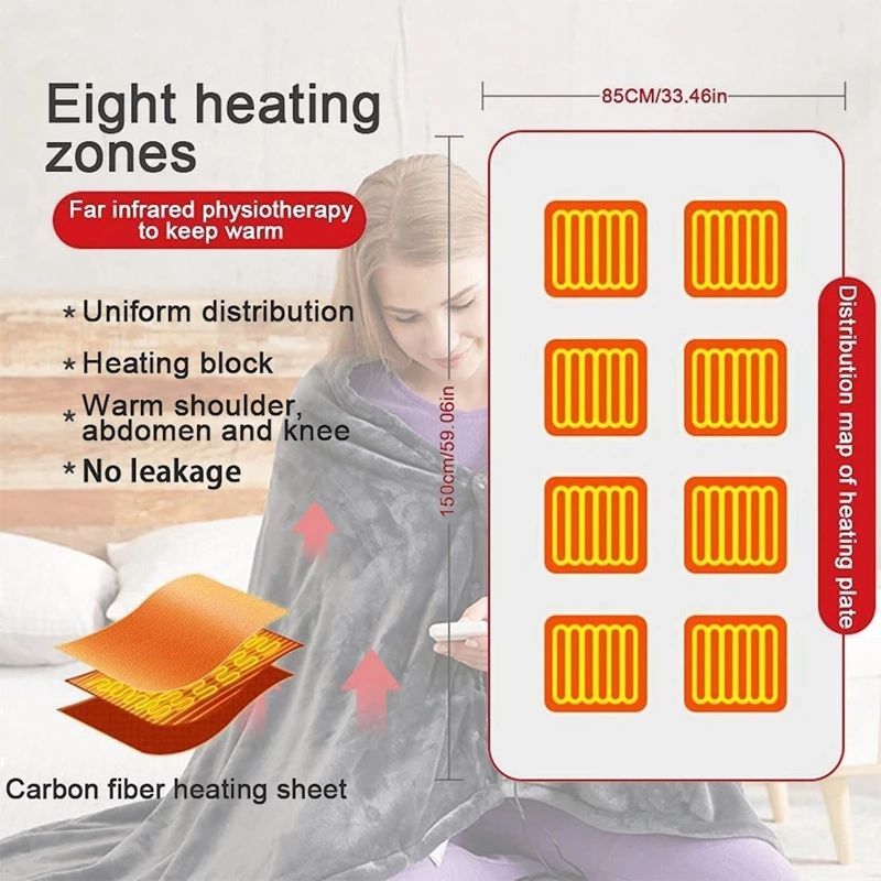 Heated Blanket Cozy Soft Electric Throw with 3 Heating Levels & 8 Zones Fever Fast Heating USB Charging Color-A big image 5