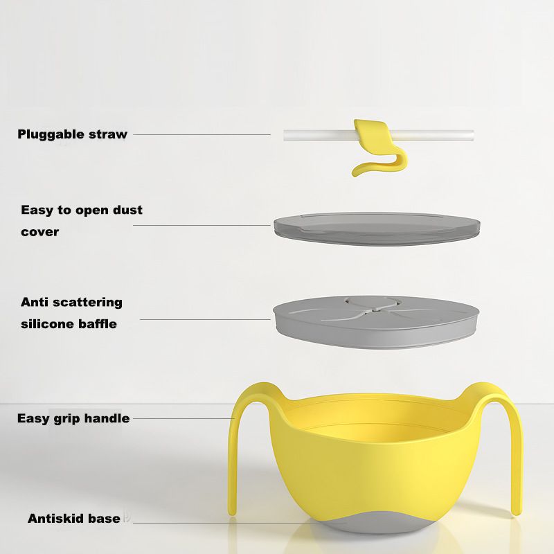 3 in 1 Bowl with Lid and Straw & Snack Insert 240ML Anti-fall Tableware for Babies and Toddlers Yellow big image 3