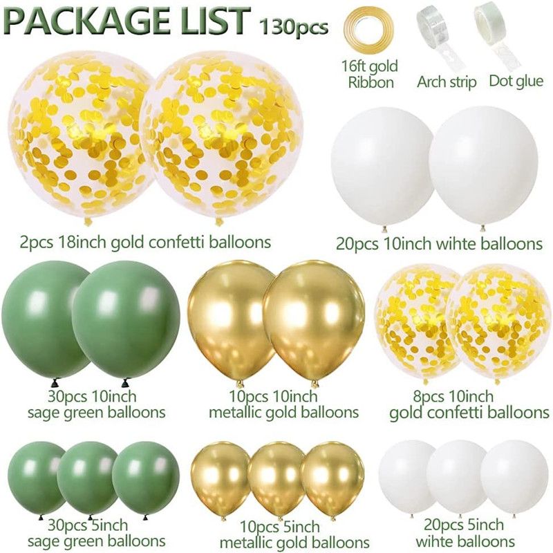 130Pcs Avocado Green Latex Balloon Garland Arch Kit Includes Metallic Gold White Balloons Gold Confetti Balloons Color-A big image 1