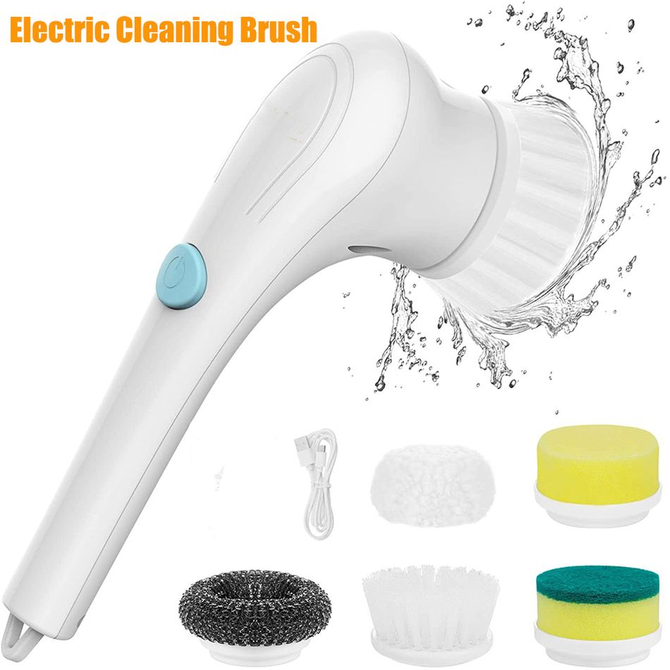 Electric Spin Scrubber Cordless Power Scrubber Cleaning Brush with 5 Replaceable Brush Heads White