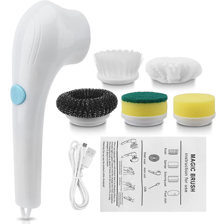 Electric Spin Scrubber Cordless Power Scrubber Cleaning Brush with 5 Replaceable Brush Heads White big image 2