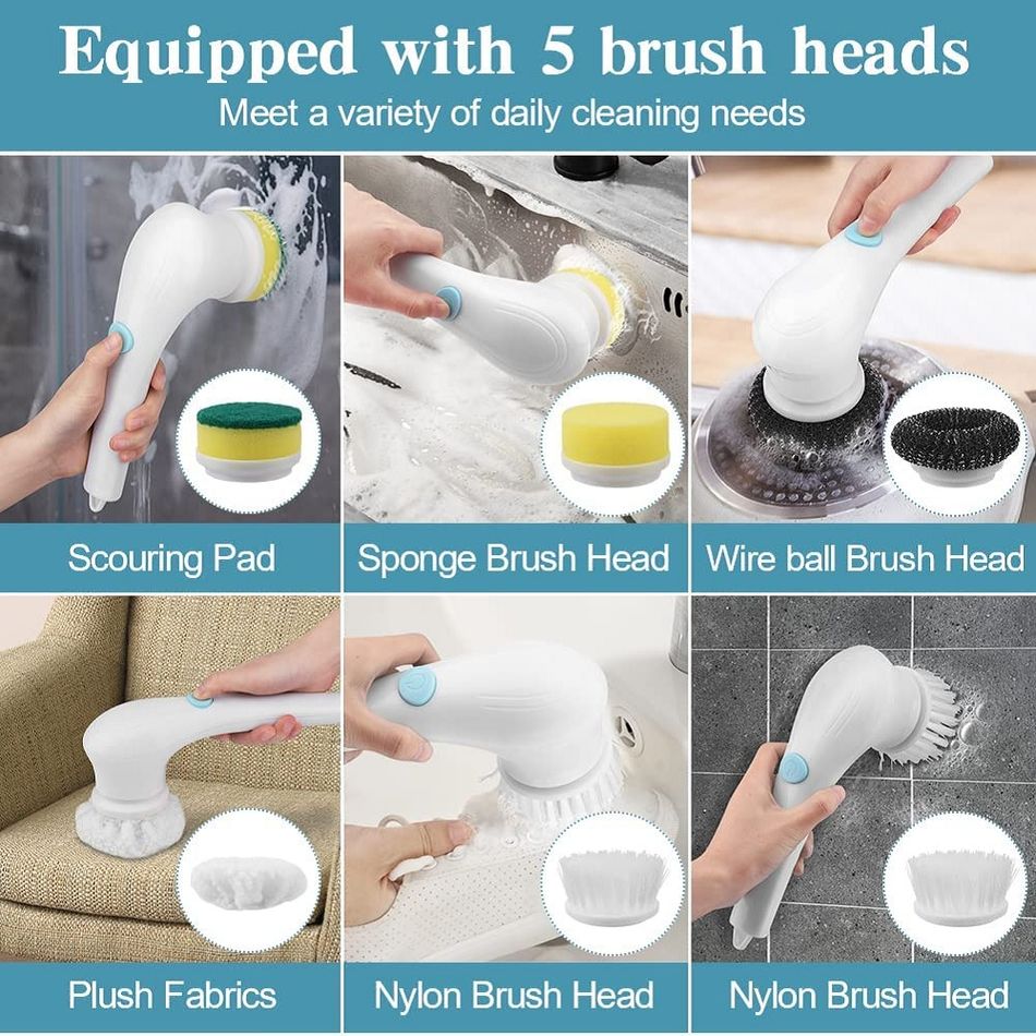 Electric Spin Scrubber Cordless Power Scrubber Cleaning Brush with 5 Replaceable Brush Heads White big image 12