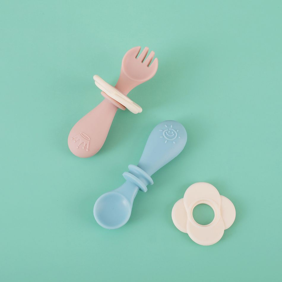 2Pcs Silicone Self-Feeding Spoon Fork Baby Toddler Utensils Training Utensils Set Anti-pollution Pink big image 2