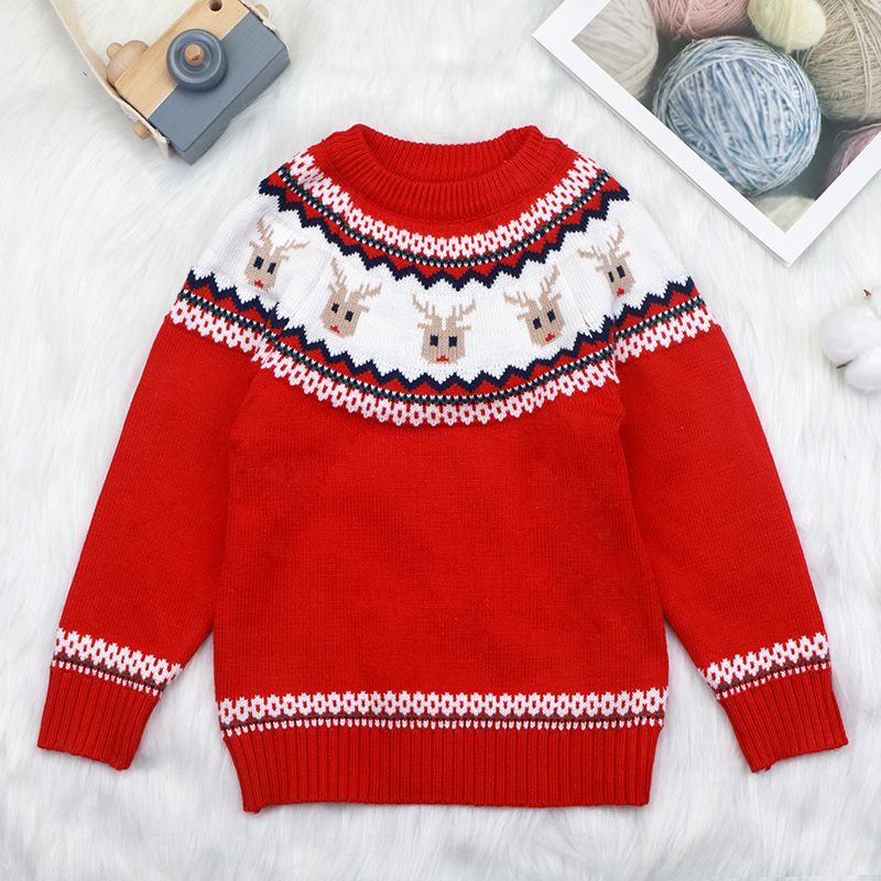 Toddler Girl/Boy Christmas Deer Pattern Button Design Sweater Red