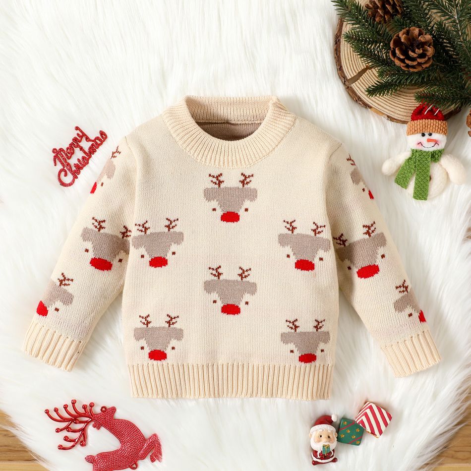 Christmas Baby Boy/Girl Allover Deer Graphic Long-sleeve Knitted Sweater Beige big image 1