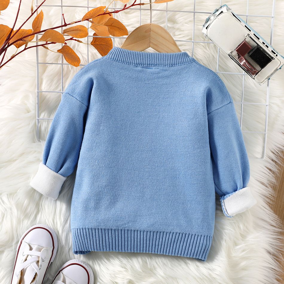 Baby Boy Locomotive Graphic Drop Shoulder Knitted Pullover Sweater Blue big image 2