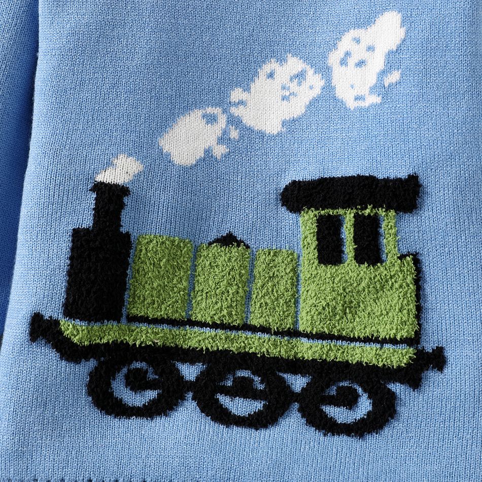 Baby Boy Locomotive Graphic Drop Shoulder Knitted Pullover Sweater Blue big image 4