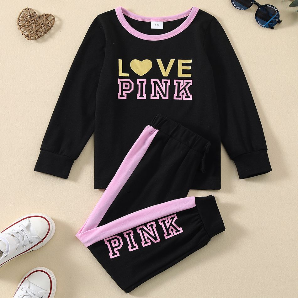 2-piece Toddler Girl Letter Heart Print Long-sleeve Top and Colorblock Pants Set Black