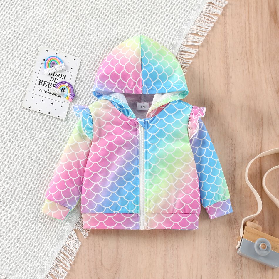 Baby Girl Colorful Fish Scale Print Ruffle Trim Long-sleeve Hooded Zip Jacket Pink big image 1