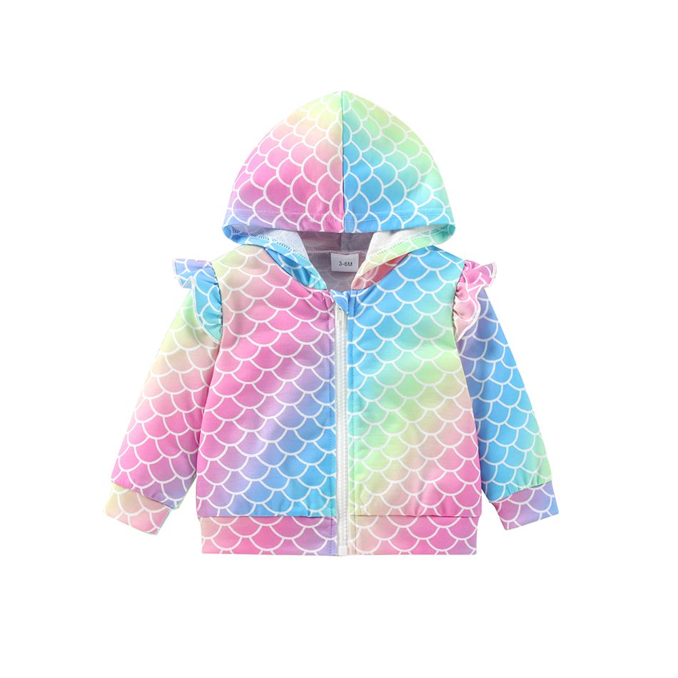 Baby Girl Colorful Fish Scale Print Ruffle Trim Long-sleeve Hooded Zip Jacket Pink big image 3