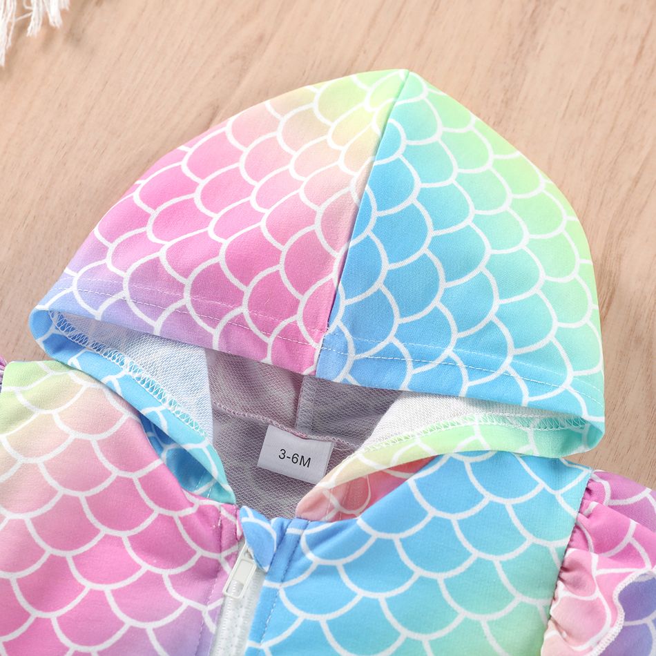Baby Girl Colorful Fish Scale Print Ruffle Trim Long-sleeve Hooded Zip Jacket Pink big image 4