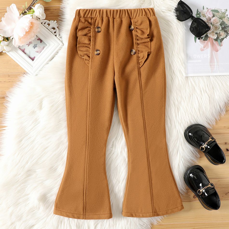 Kid Girl Solid Color Ruffled Blend Flared Pants Brown big image 1