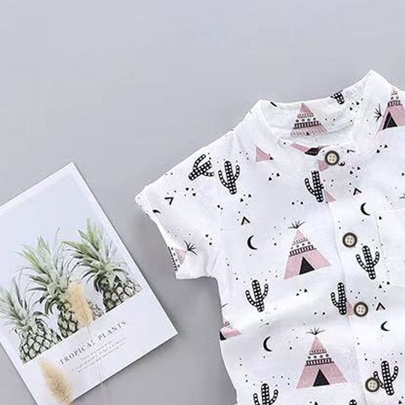 2pcs Baby Boy 95% Cotton Short-sleeve All Over Cactus Print Button Up Shirt and Solid Shorts Set Pink big image 4