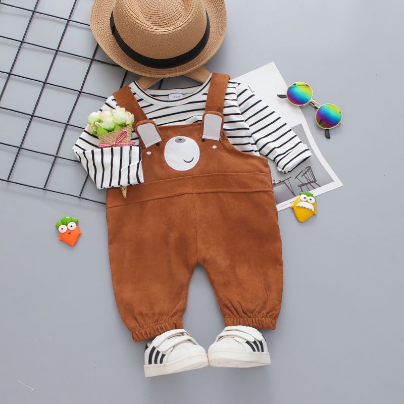 2pcs Baby Cartoon Bear 3D Ears Overalls and Striped Long-sleeve T-shirt Set Khaki big image 1