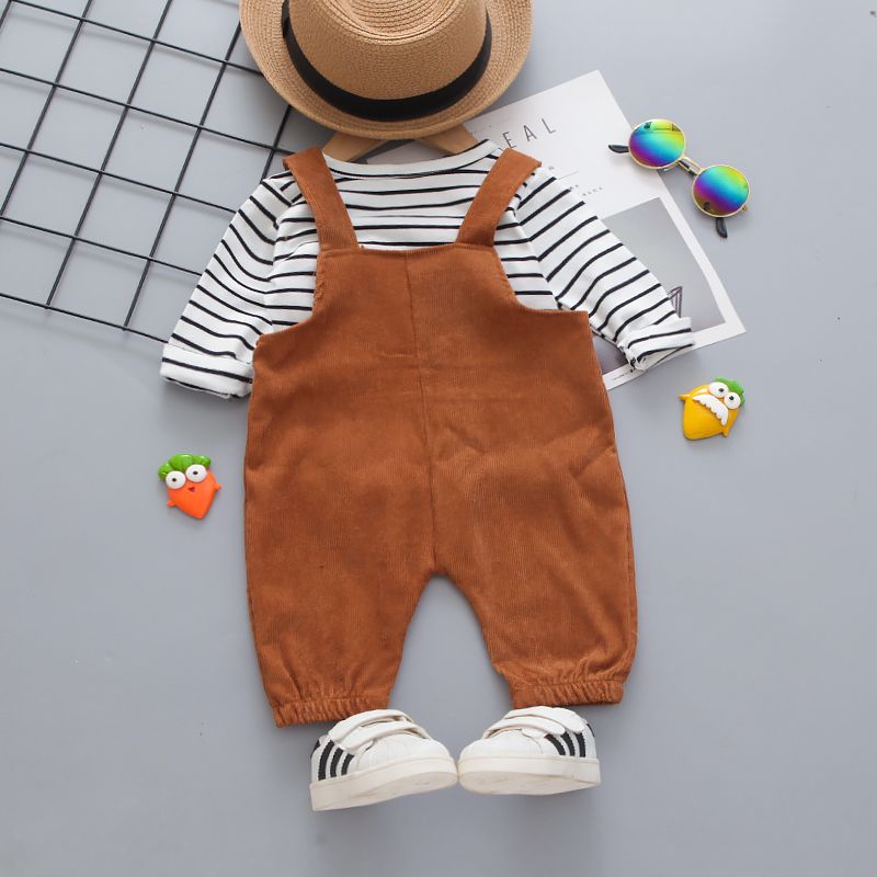 2pcs Baby Cartoon Bear 3D Ears Overalls and Striped Long-sleeve T-shirt Set Khaki big image 2