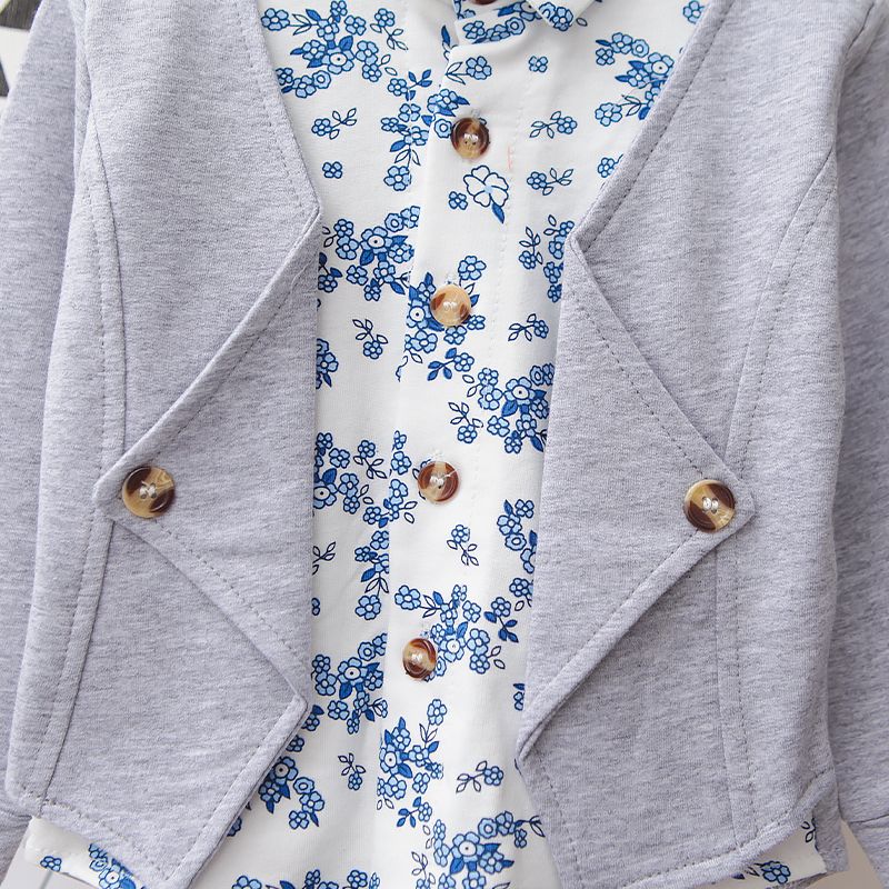 2pcs Baby Boy 95% Cotton Long-sleeve Faux-two Floral Print Top and Pants Set Light Grey big image 4