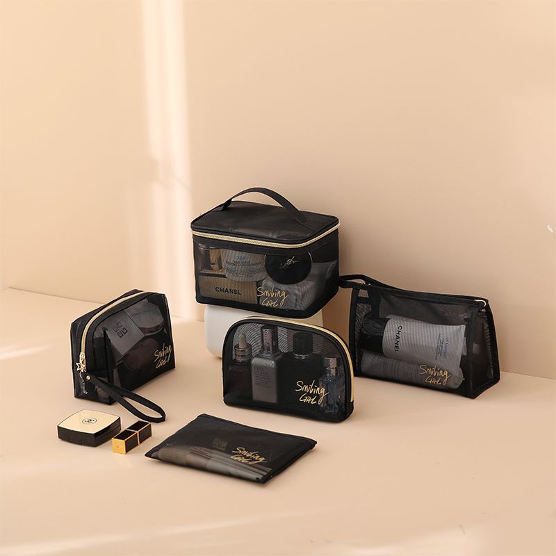 bolsa de maquiagem de malha preta bolsa de cosméticos com zíper de grande capacidade bolsa organizadora de viagens de praia Preto