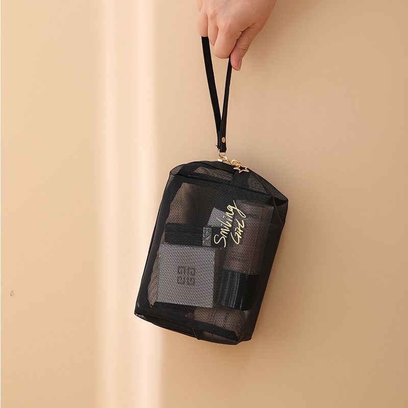 schwarze Mesh-Make-up-Tasche mit großem Fassungsvermögen Mesh-Reißverschluss Kosmetiktasche Strand-Reise-Organizer-Tasche schwarz big image 3
