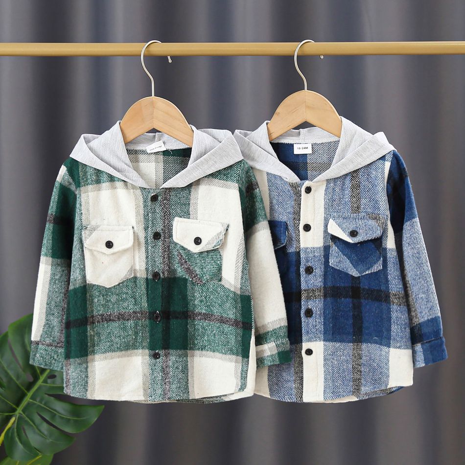 Toddler Girl/Boy 100% Cotton Button Design Plaid Hooded Jacket Blue big image 2