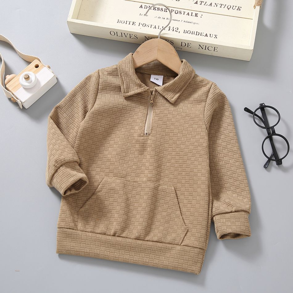 Toddler Boy Lapel Collar Zipper Pocket Design Sweatshirt Khaki