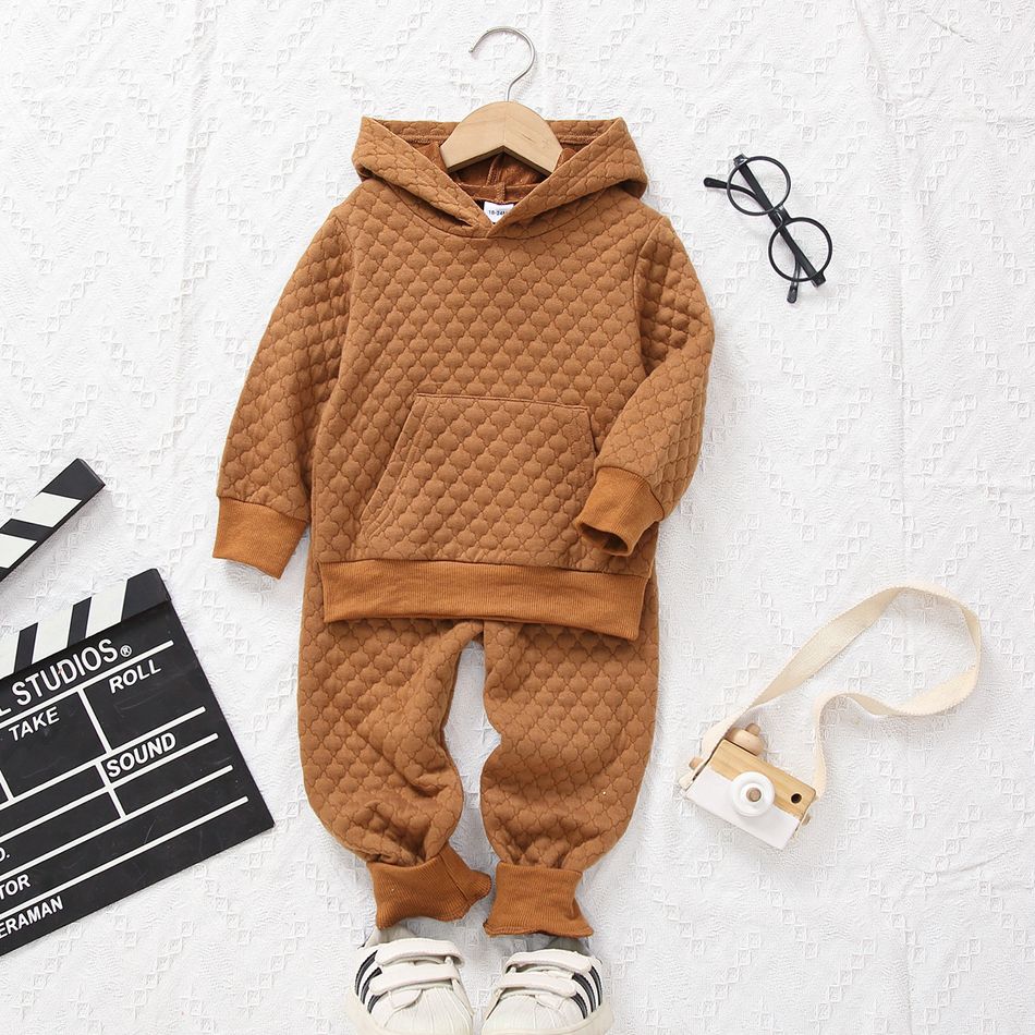 2-piece Toddler Boy Textured Solid Color Hoodie Sweatshirt and Pants Casual Set Brown
