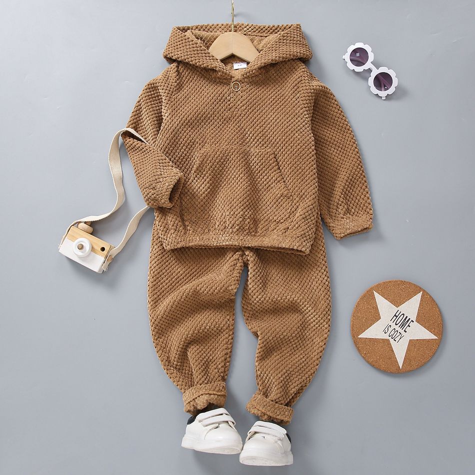 2-piece Toddler Boy Textured Brown Hoodie Sweatshirt and Pants Casual Set Brown