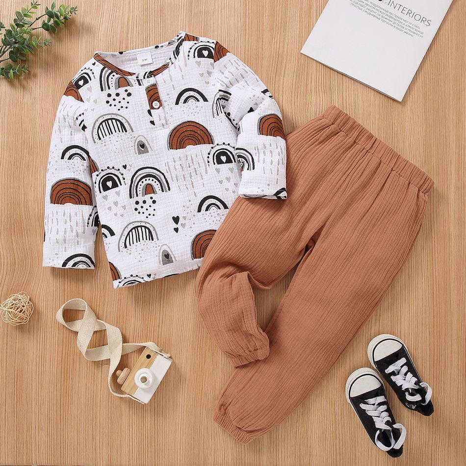 2-piece Toddler Boy Rainbow Print Long-sleeve Top and Solid Color Pants Set Multi-color