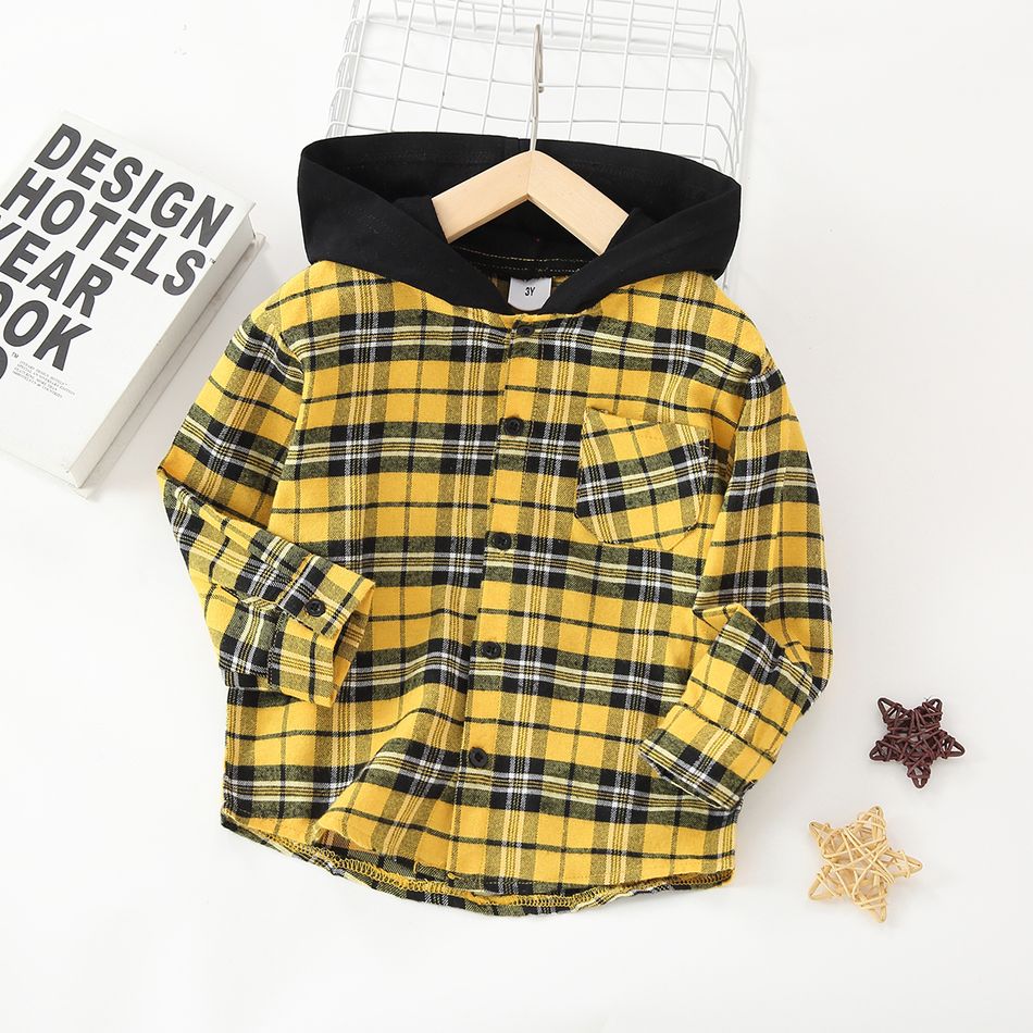 camisa xadrez de manga comprida com capuz e design de botão para criança Amarelo