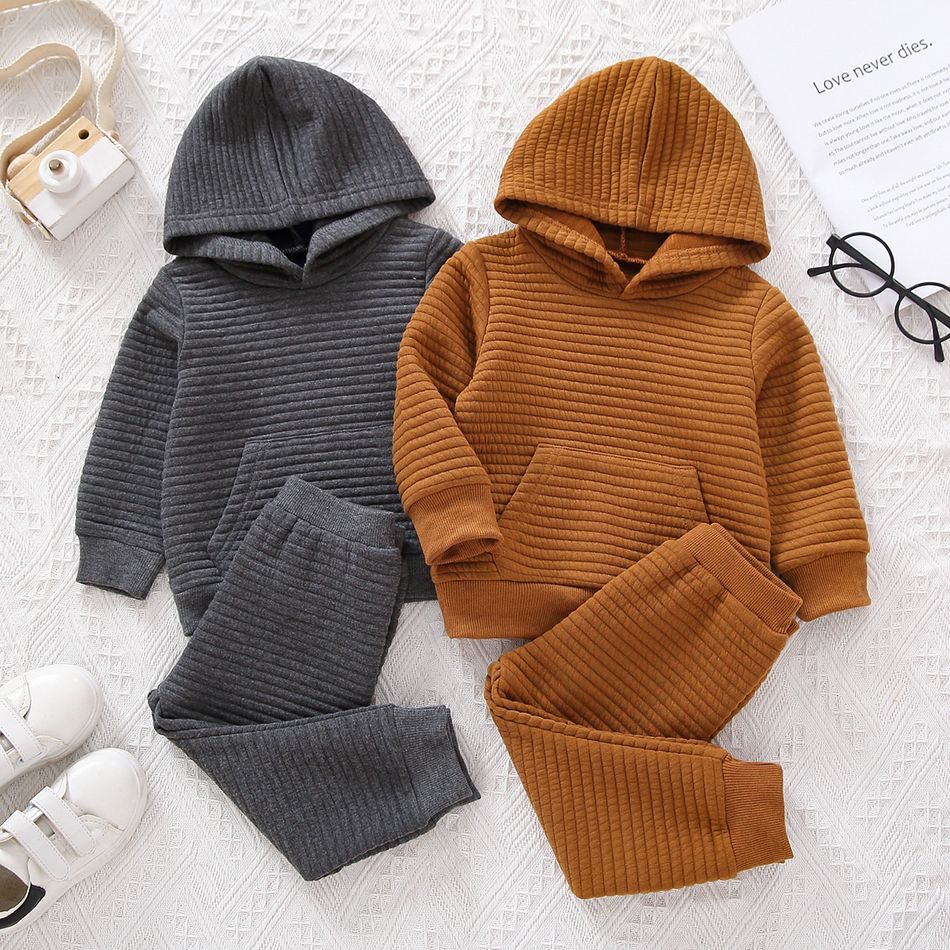 2pcs Baby Boy/Girl Solid Thickened Textured Long-sleeve Hoodie and Trousers Set Grey big image 7