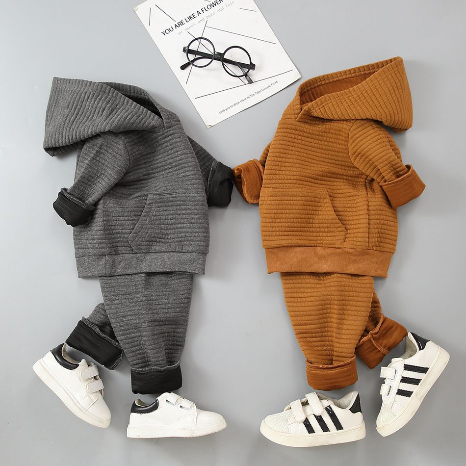 2pcs Baby Boy/Girl Solid Thickened Textured Long-sleeve Hoodie and Trousers Set Grey big image 8