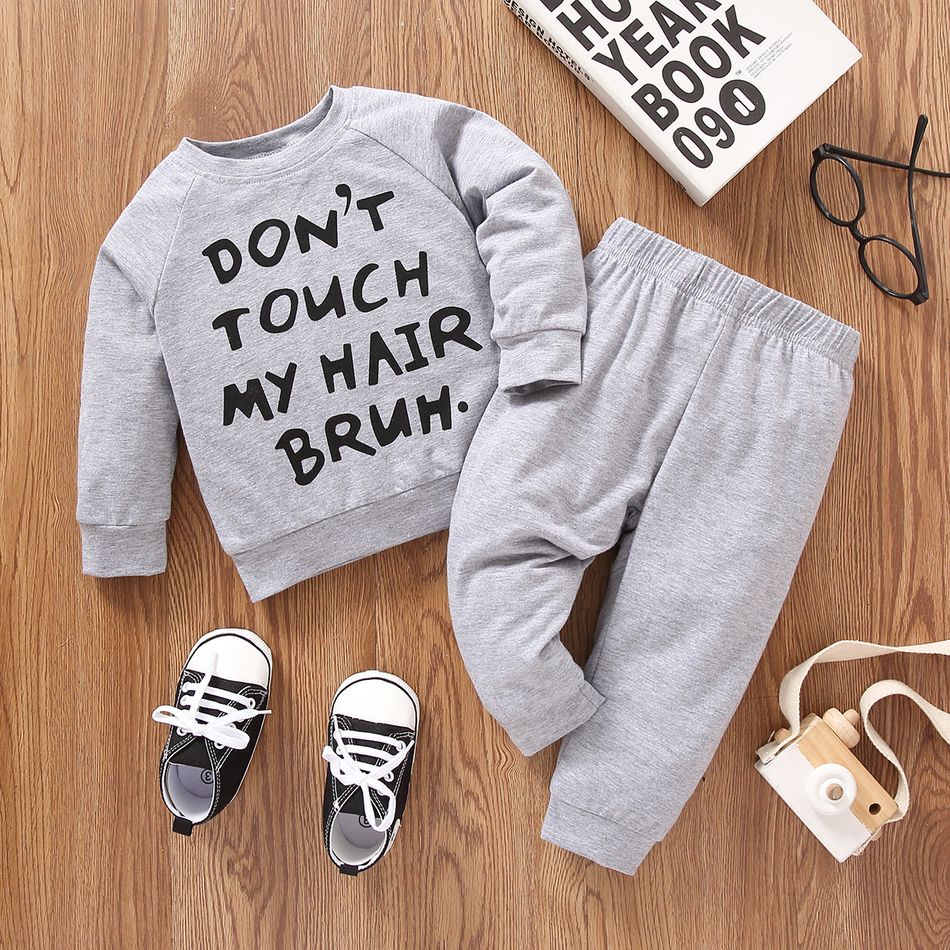 2pcs Baby Boy Letter Print Grey Long-sleeve Sweatshirt and Sweatpants Set Grey