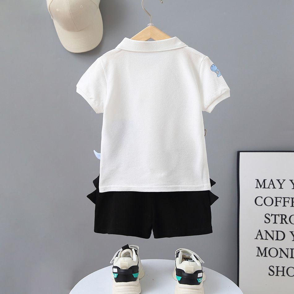 2pcs Toddler Boy Casual Dinosaur Print Polo Shirt & Spike Design Shorts Set White big image 2