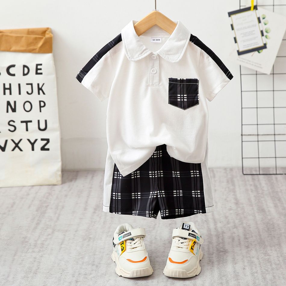 2pcs Toddler Boy Casual Plaid Splice Polo Shirt and Shorts Set White