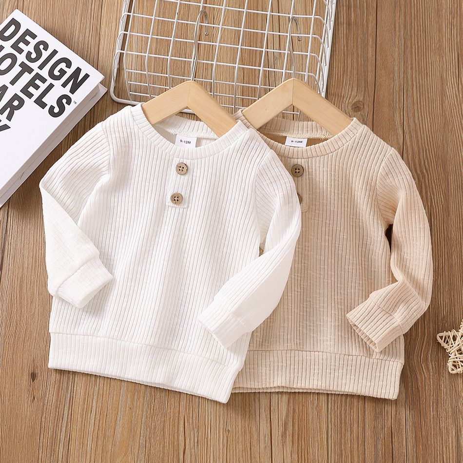 Baby Boy/Girl Button Design Solid Ribbed Knitted Long-sleeve Pullover Top White big image 2