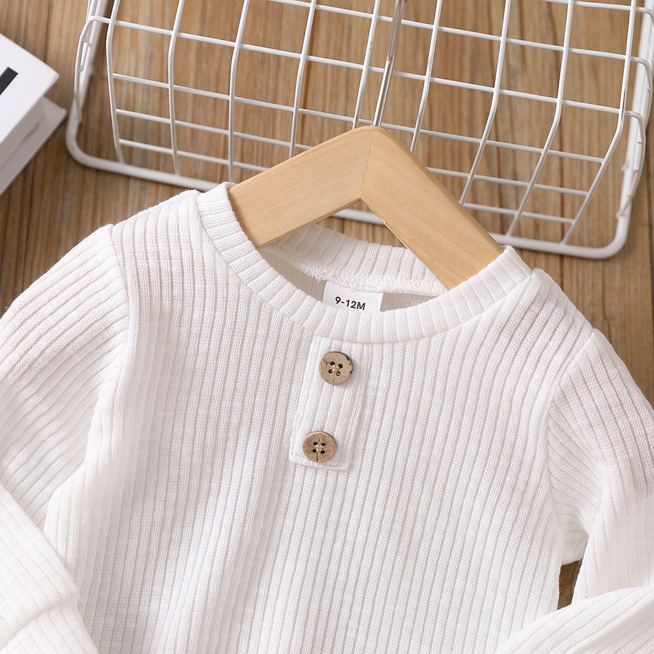 Baby Boy/Girl Button Design Solid Ribbed Knitted Long-sleeve Pullover Top White big image 3