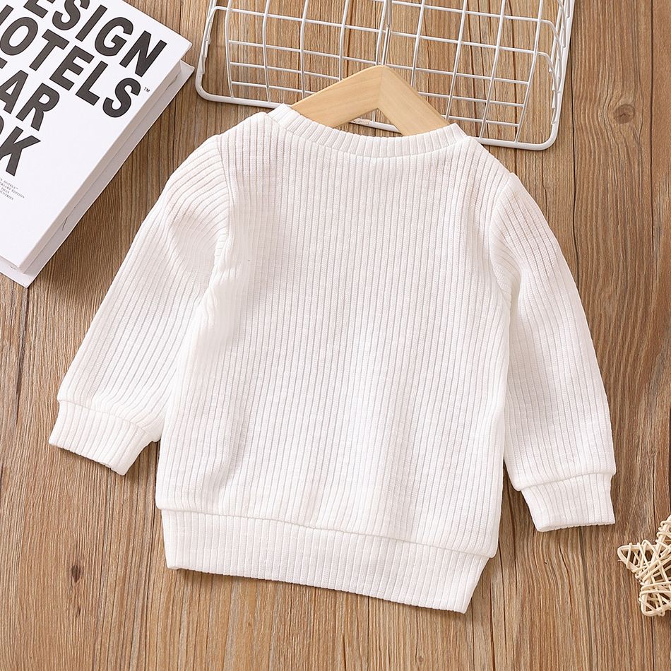 Baby Boy/Girl Button Design Solid Ribbed Knitted Long-sleeve Pullover Top White