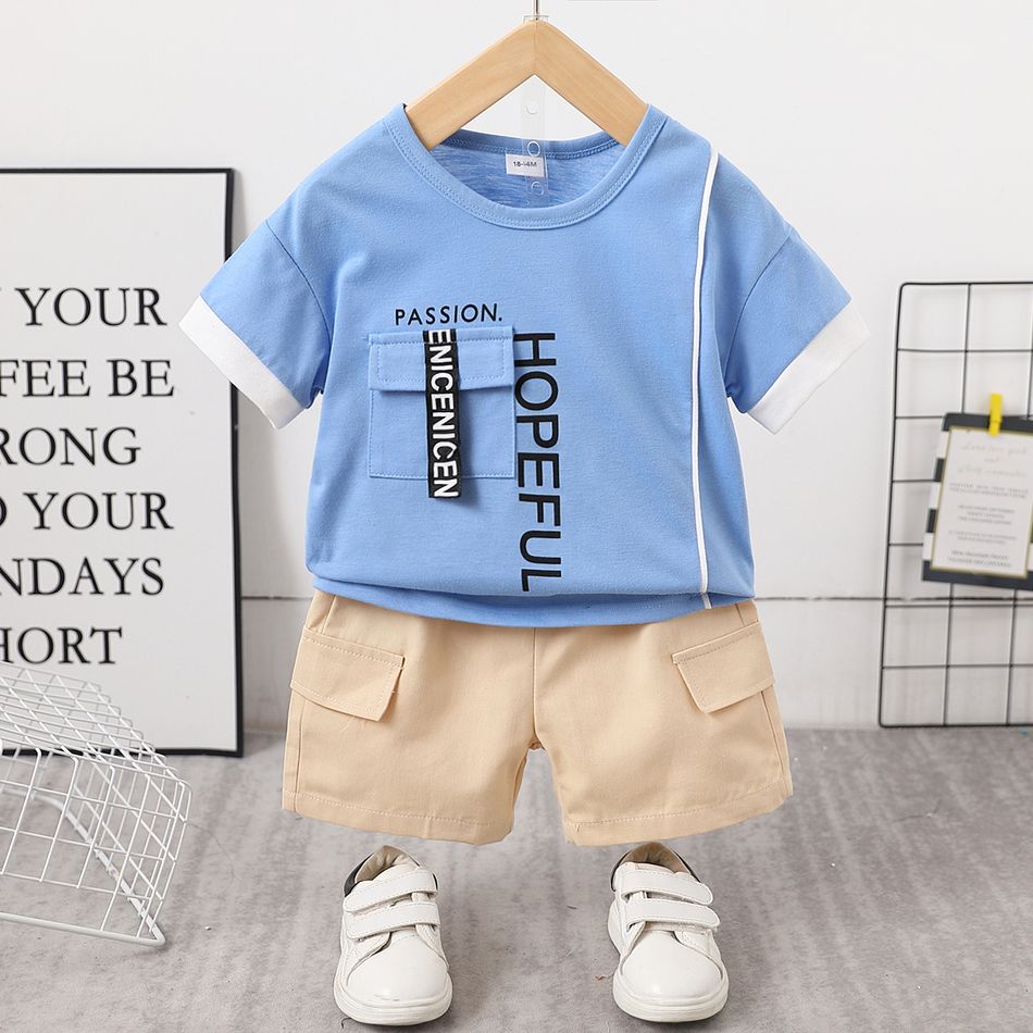 2pcs Toddler Boy Trendy Letter Print Pocket Design Tee and Shorts Set Light Blue