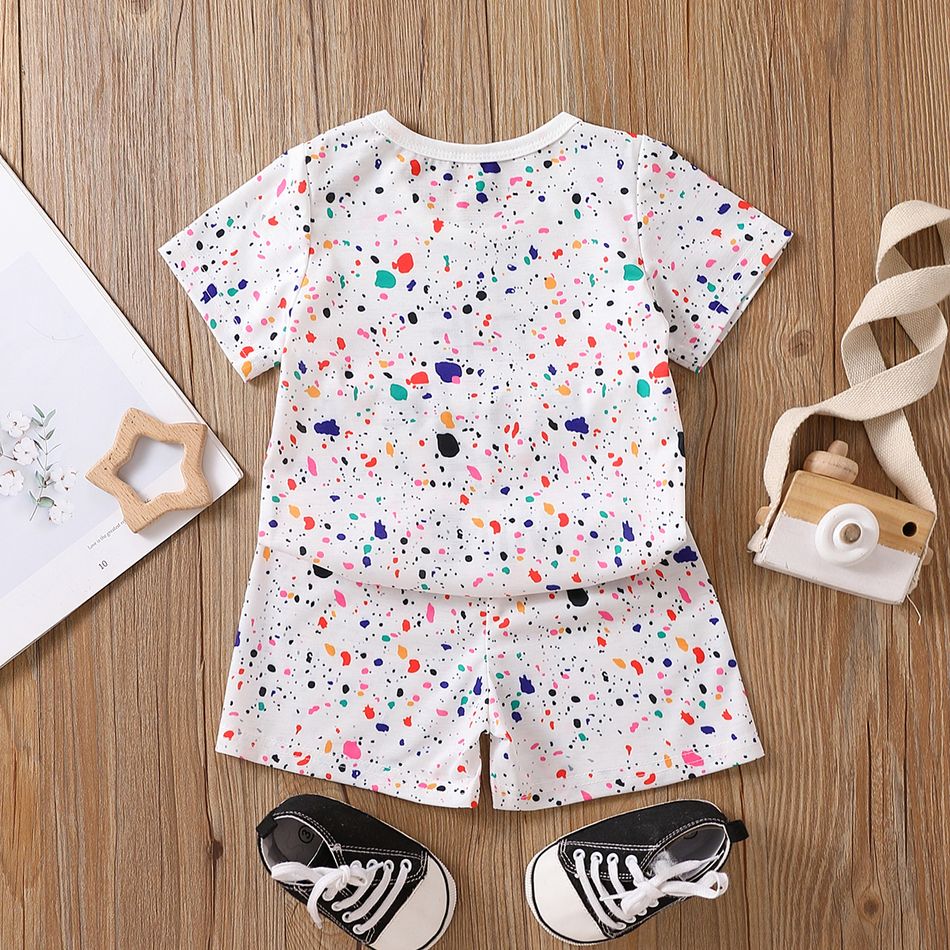 2pcs Baby Boy/Girl All Over Colorful Dots Letter Print Short-sleeve Tee and Shorts Set White big image 2