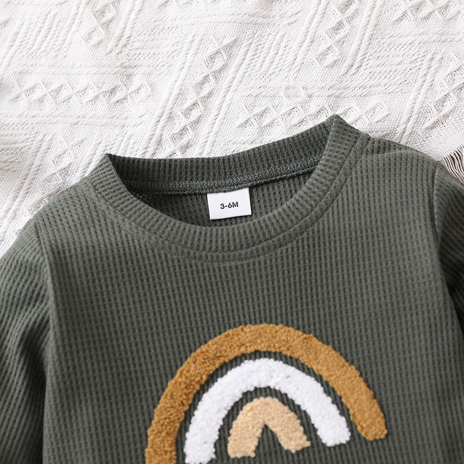 Baby Boy/Girl Rainbow Pattern Waffle Long-sleeve Pullover Sweatshirt Dark Green big image 4