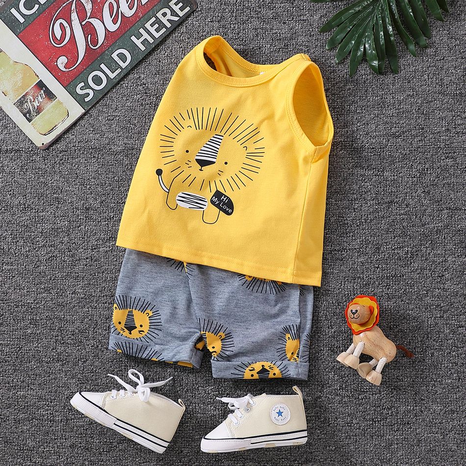 2pcs Toddler Boy Playful Animal Lion Print Tank Top and Shorts Set Yellow