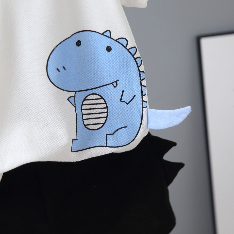 قطعتان من قميص بولو كاجوال للأطفال الصغار بطباعة الديناصورات ومجموعة شورت بتصميم سبايك أبيض big image 6