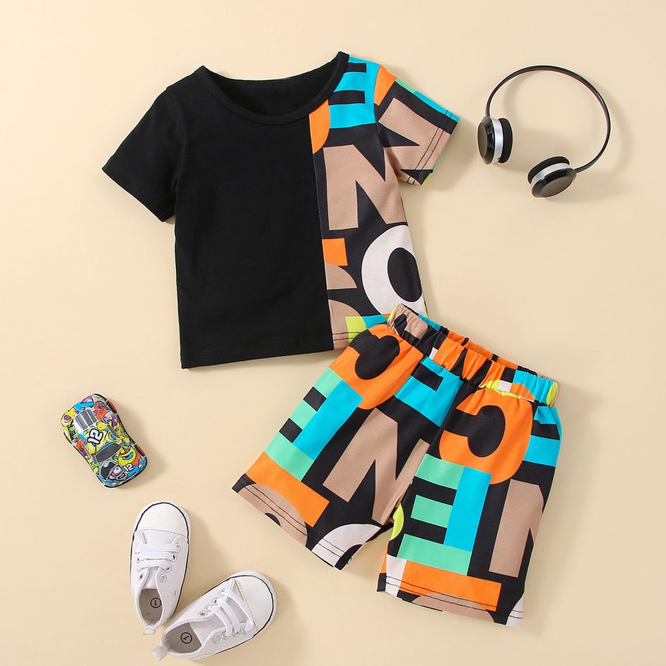 2pcs Toddler Boy Trendy Letter Print Colorblock Tee and Shorts Set Black